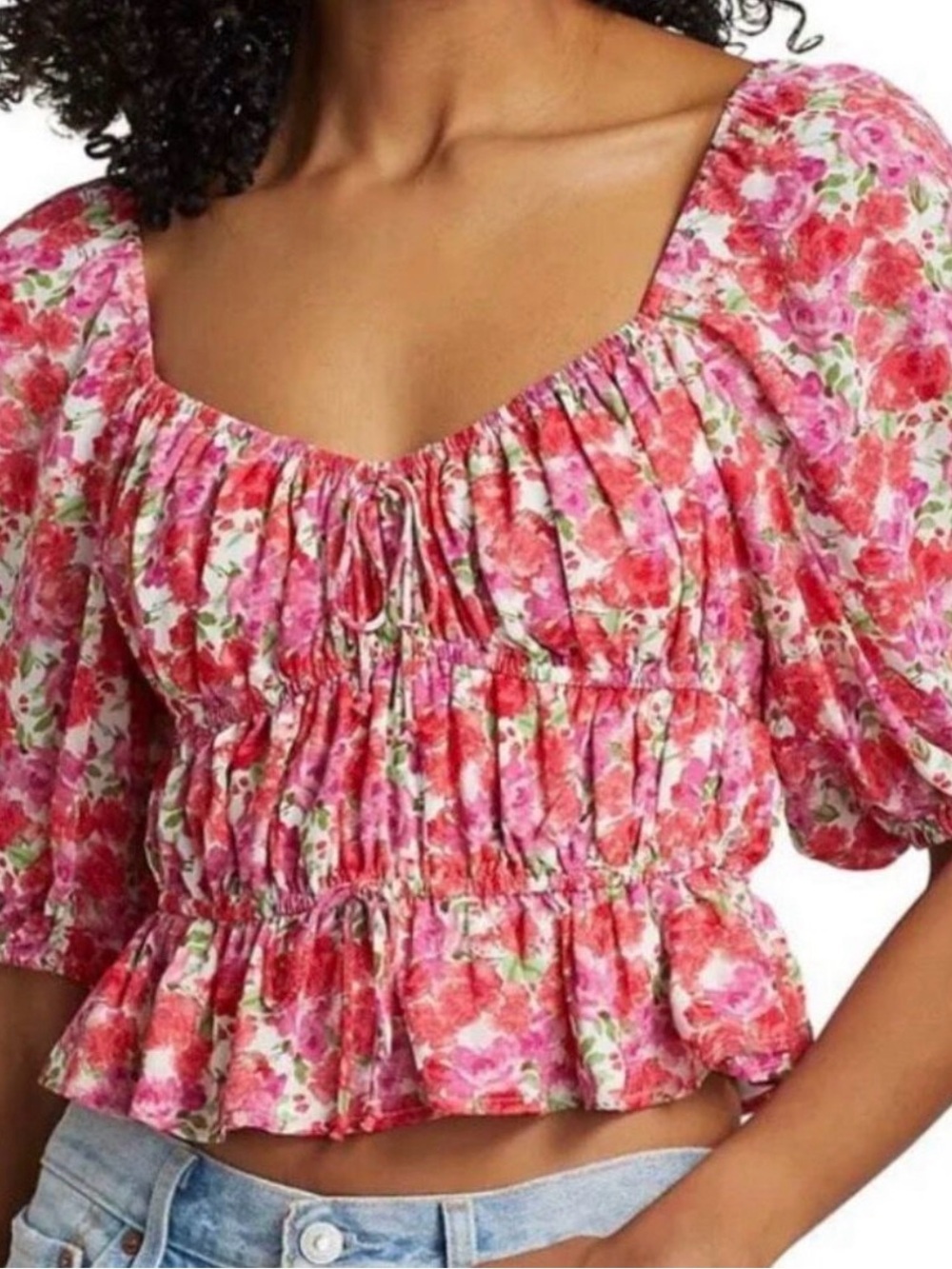 Wayf Avra Pink and Red Floral Smocked Crop Top